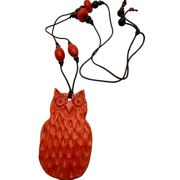 Boho Inspo Terracotta Owl Pendant Necklace Beads Adjustable Cord Art Piece Signe - Picture 2 of 5